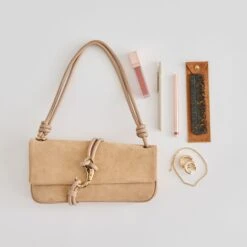 ALICE SHOULDER BAG BEIGE SUEDE(Alice Shoulder Bag Beige Suede) -Dolce Vita Shop DOLCEVITA HANDBAGS ALICE BEIGE FLATLAY 2