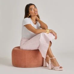 PANDRO X BYRDIE GOLF HEELS PINK PLAID GINGHAM(Pandro X Byrdie Golf Heels Pink Plaid Gingham) -Dolce Vita Shop DOLCEVITA HEELS PANDROBYRDIES PINKPLAID ONFOOT 02