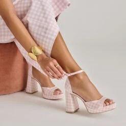 PANDRO X BYRDIE GOLF HEELS PINK PLAID GINGHAM(Pandro X Byrdie Golf Heels Pink Plaid Gingham) -Dolce Vita Shop DOLCEVITA HEELS PANDROBYRDIES PINKPLAID ONFOOT 03