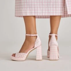 PANDRO X BYRDIE GOLF HEELS PINK PLAID GINGHAM(Pandro X Byrdie Golf Heels Pink Plaid Gingham) -Dolce Vita Shop DOLCEVITA HEELS PANDROBYRDIES PINKPLAID ONFOOT 04