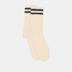 POINTELLE STRIPED SOCKS WHITE BLACK(Pointelle Striped Socks White Black)